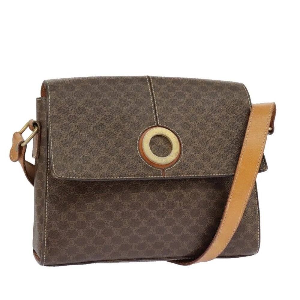 CELINE Macadam Canvas Shoulder Bag PVC Leather Brown Gold